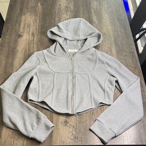 MARBLE Gray Ribbed Zip-Up Sweater